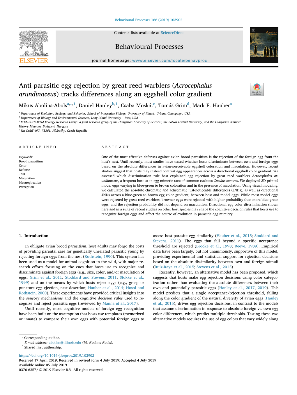 Anti-Parasitic Egg Rejection by Great Reed Warblers (Acrocephalus