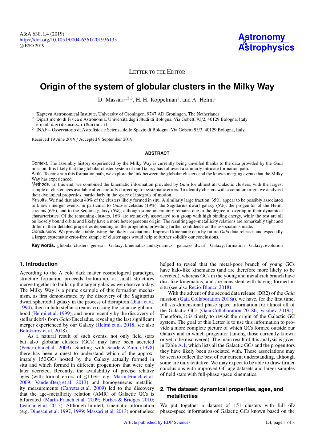 Origin of the System of Globular Clusters in the Milky Way D