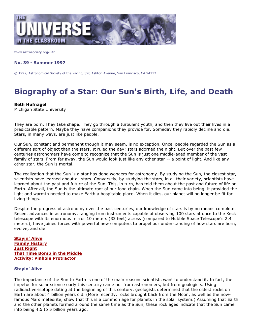 Biography of a Star: Our Sun's Birth, Life, and Death