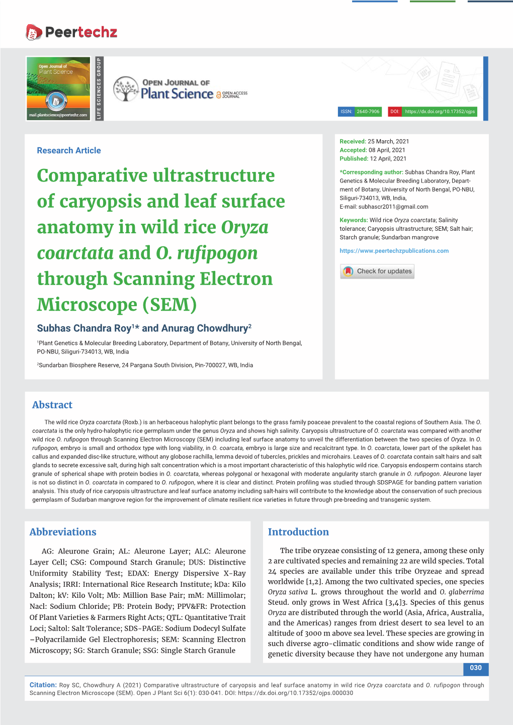Comparative Ultrastructure of Caryopsis and Leaf Surface Anatomy in Wild Rice Oryza Coarctata and O. Rufipogon Through Scanning Electron Microscope (SEM)