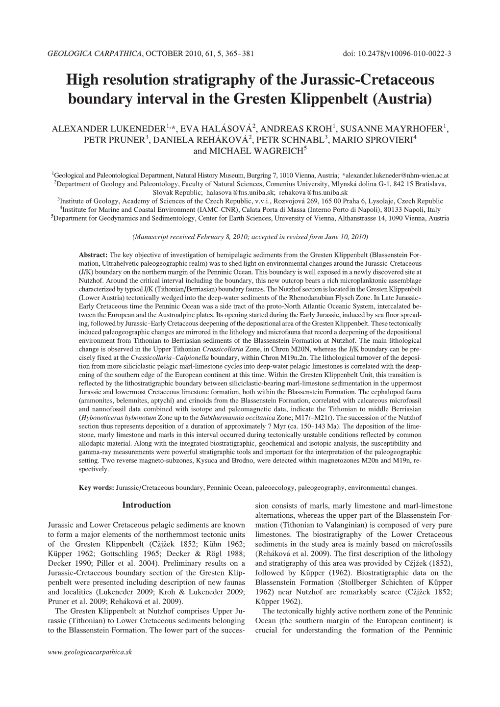 High Resolution Stratigraphy of the Jurassic-Cretaceous Boundary Interval in the Gresten Klippenbelt (Austria)