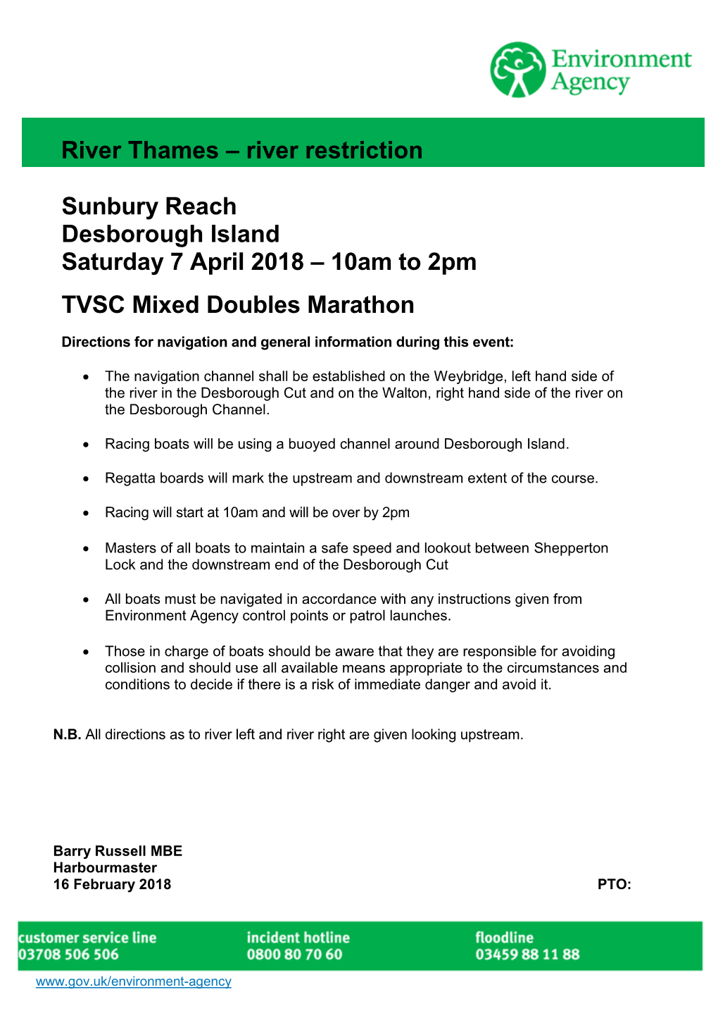 Sunbury Reach Desborough Island Saturday 7 April 2018 – 10Am to 2Pm TVSC Mixed Doubles Marathon River Thames – River Restric