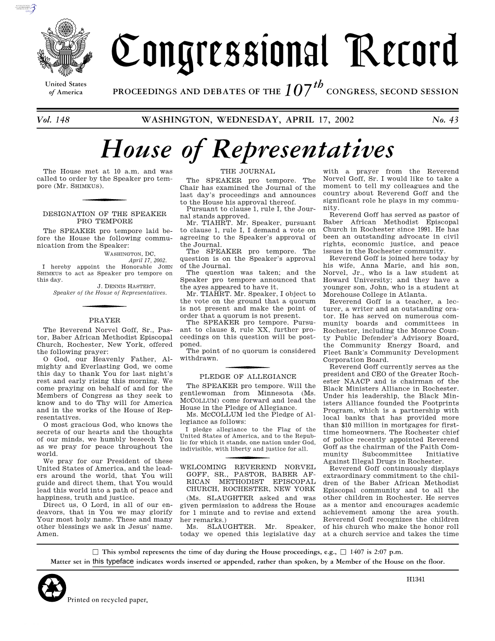 Congressional Record United States Th of America PROCEEDINGS and DEBATES of the 107 CONGRESS, SECOND SESSION