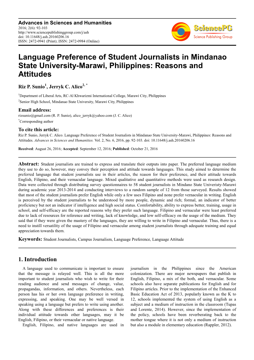 Language Preference of Student Journalists in Mindanao State University-Marawi, Philippines: Reasons and Attitudes