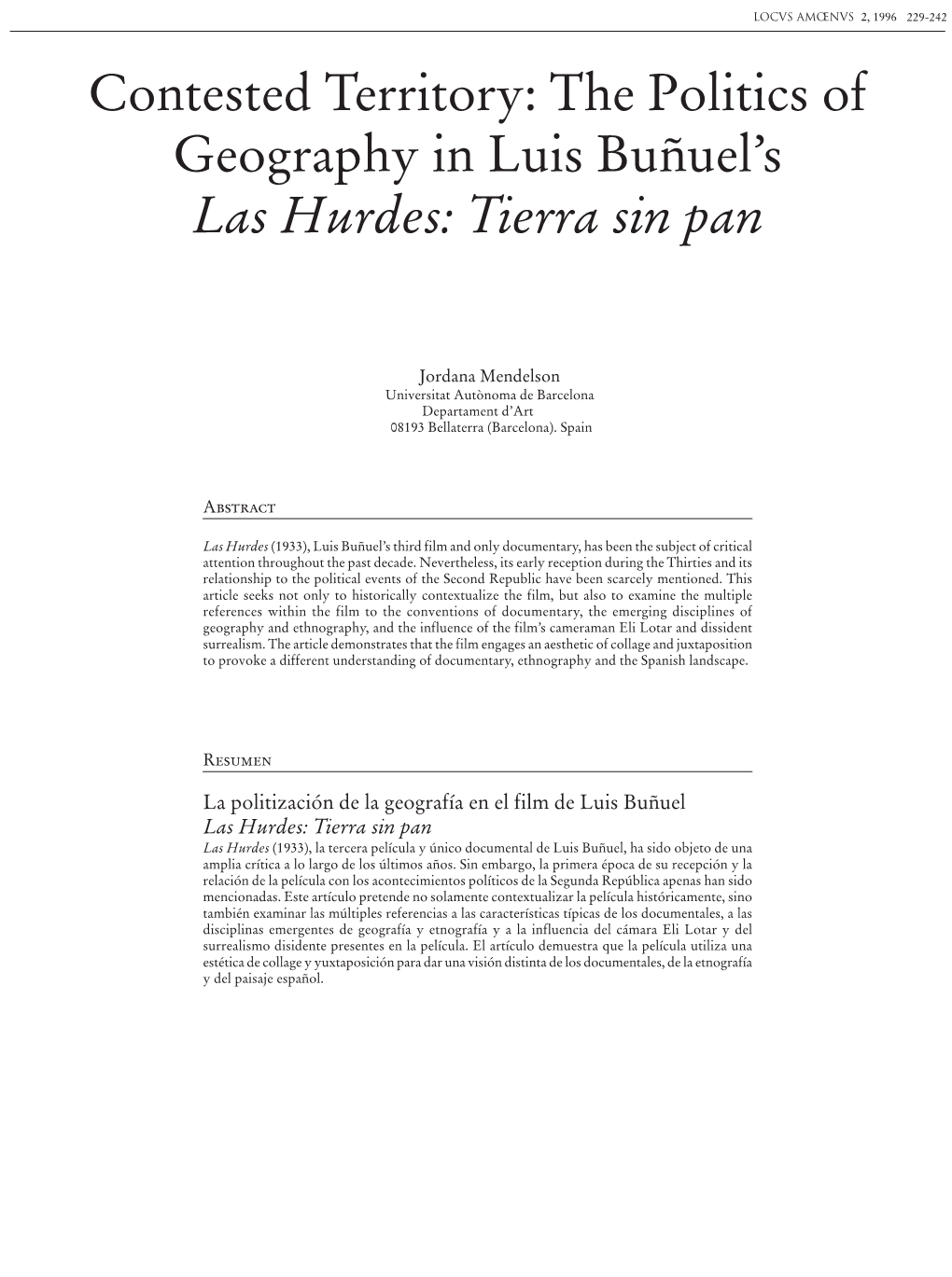 Contested Territory: the Politics of Geography in Luis Buñuel's Las Hurdes: Tierra Sin