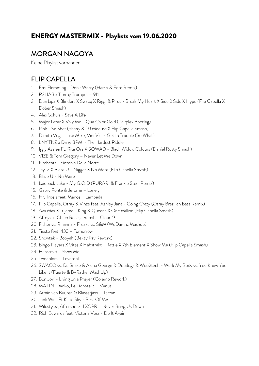 Playlists Vom 19.06.2020 MORGAN NAGOYA FLIP CAPELLA