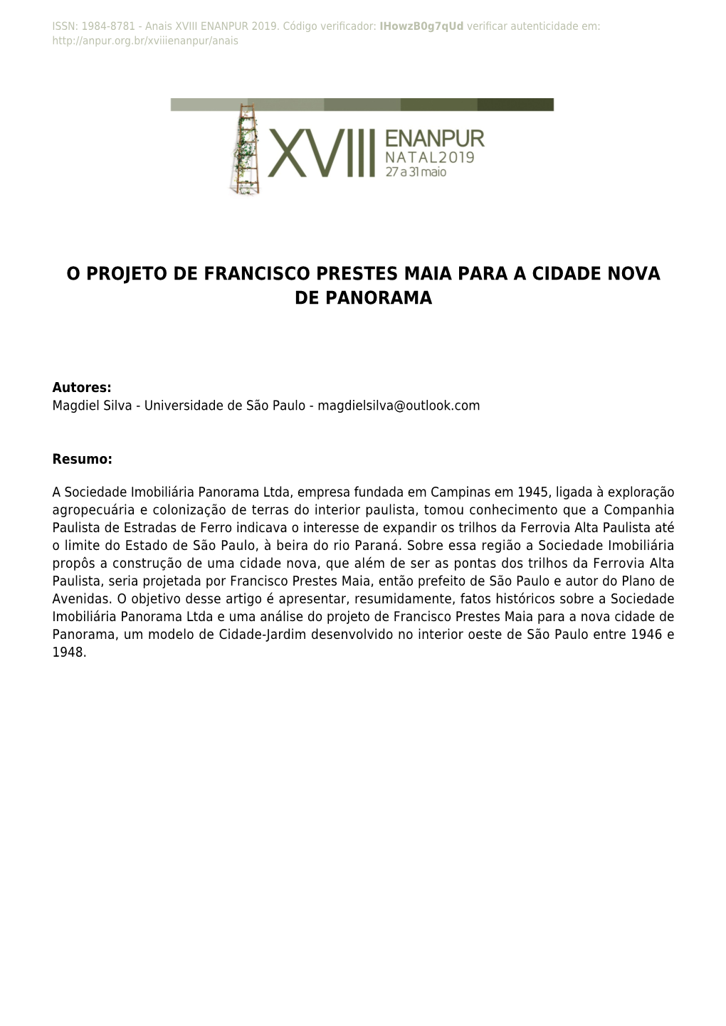 O Projeto De Francisco Prestes Maia Para a Cidade Nova De Panorama