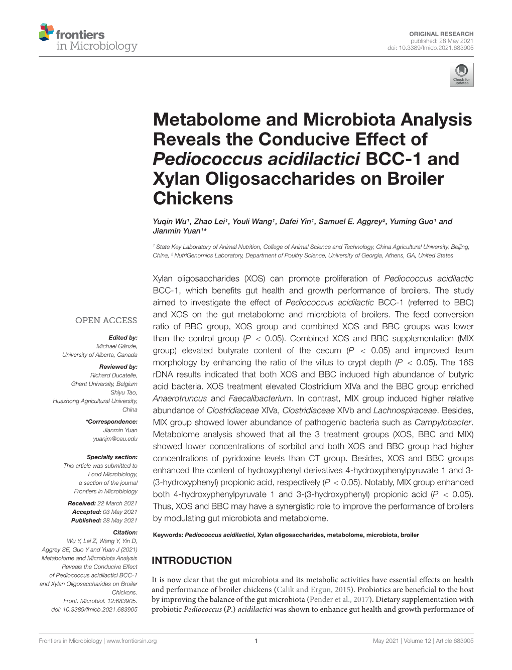Metabolome and Microbiota Analysis Reveals the Conducive Effect of Pediococcus Acidilactici BCC-1 and Xylan Oligosaccharides on Broiler Chickens