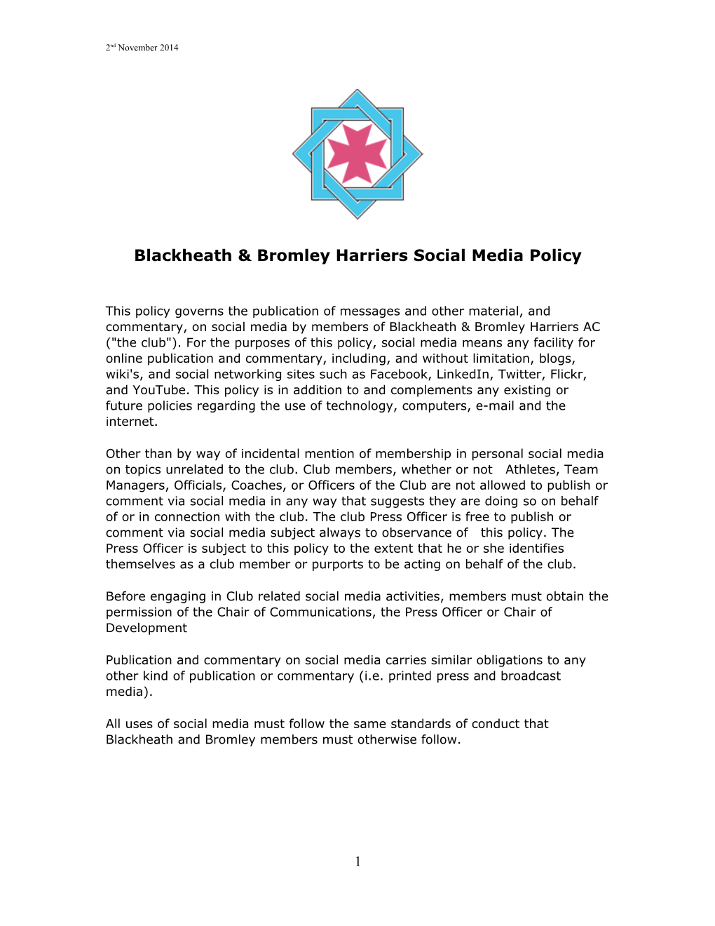 Blackheath Bromley Harriers Social Media Policy