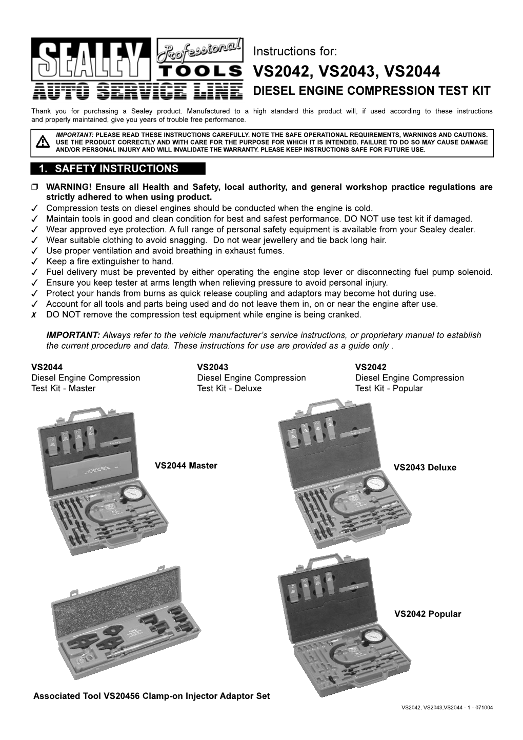 Vs2042, Vs2043, Vs2044 Diesel Engine Compression Test Kit