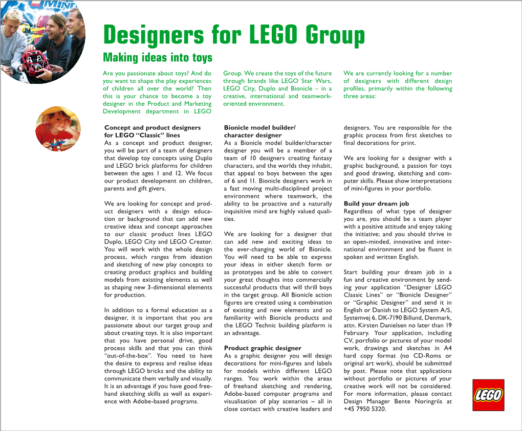 Designers for LEGO Group Making Ideas Into Toys Are You Passionate About Toys? and Do Group