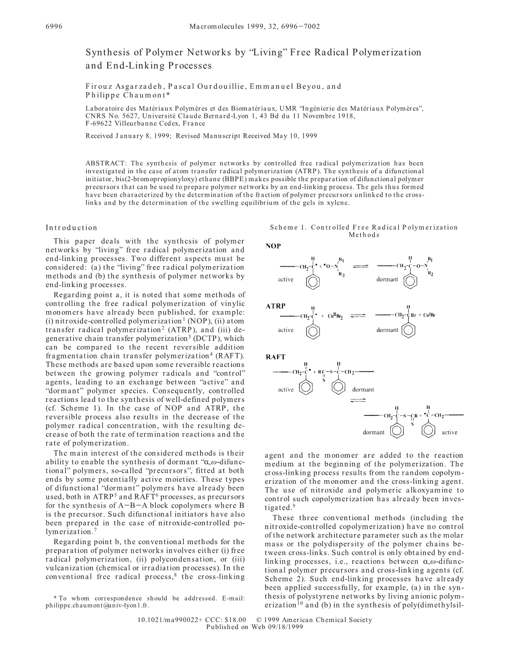 “Living” Free Radical Polymerization and End-Linking Processes