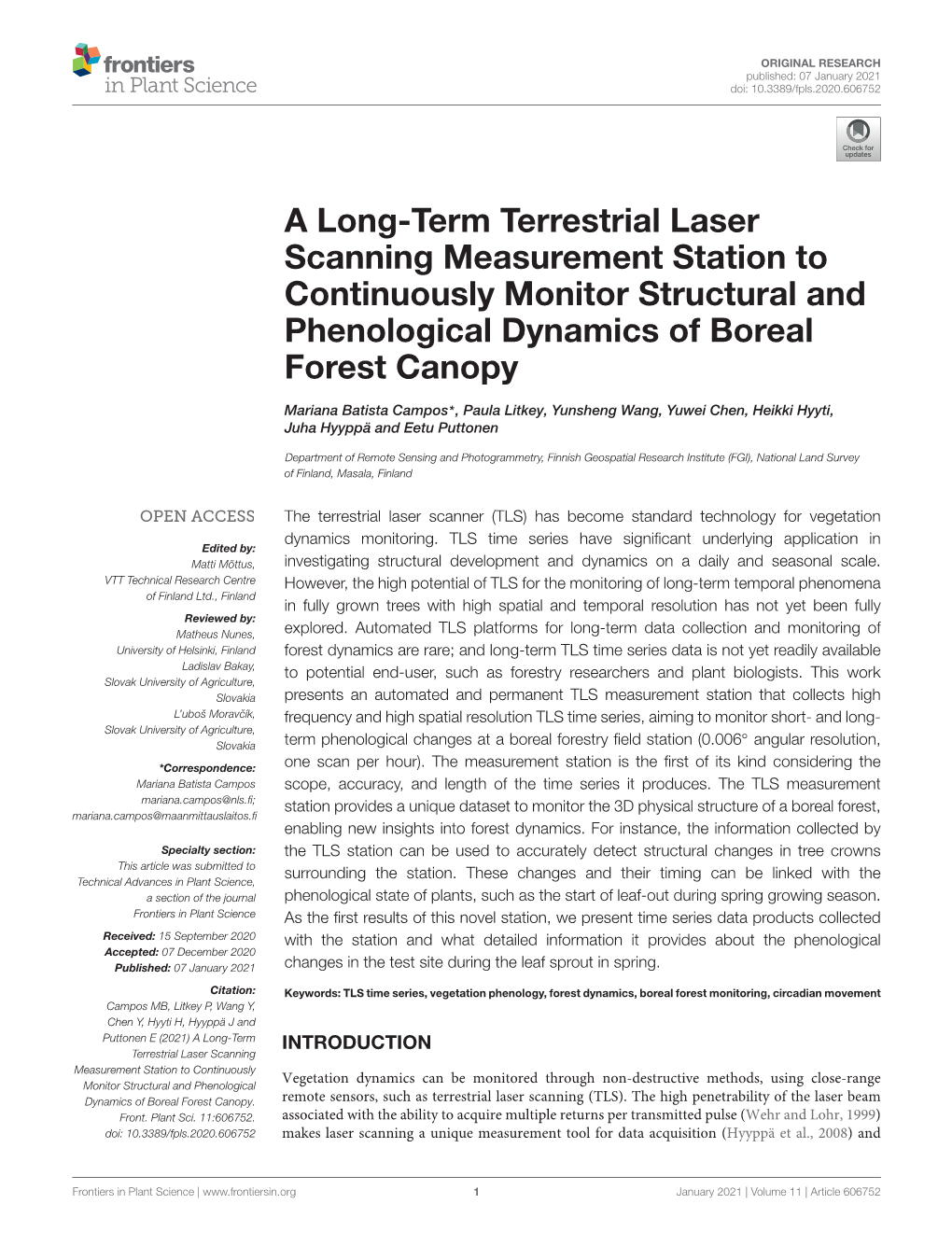 A Long-Term Terrestrial Laser Scanning Measurement Station to Continuously Monitor Structural and Phenological Dynamics of Boreal Forest Canopy