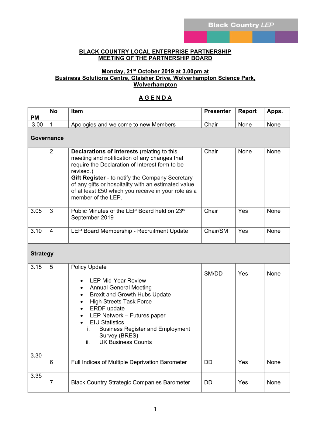 BLACK COUNTRY LOCAL ENTERPRISE PARTNERSHIP MEETING of the PARTNERSHIP BOARD Monday, 21St October 2019 at 3.00Pm at Business