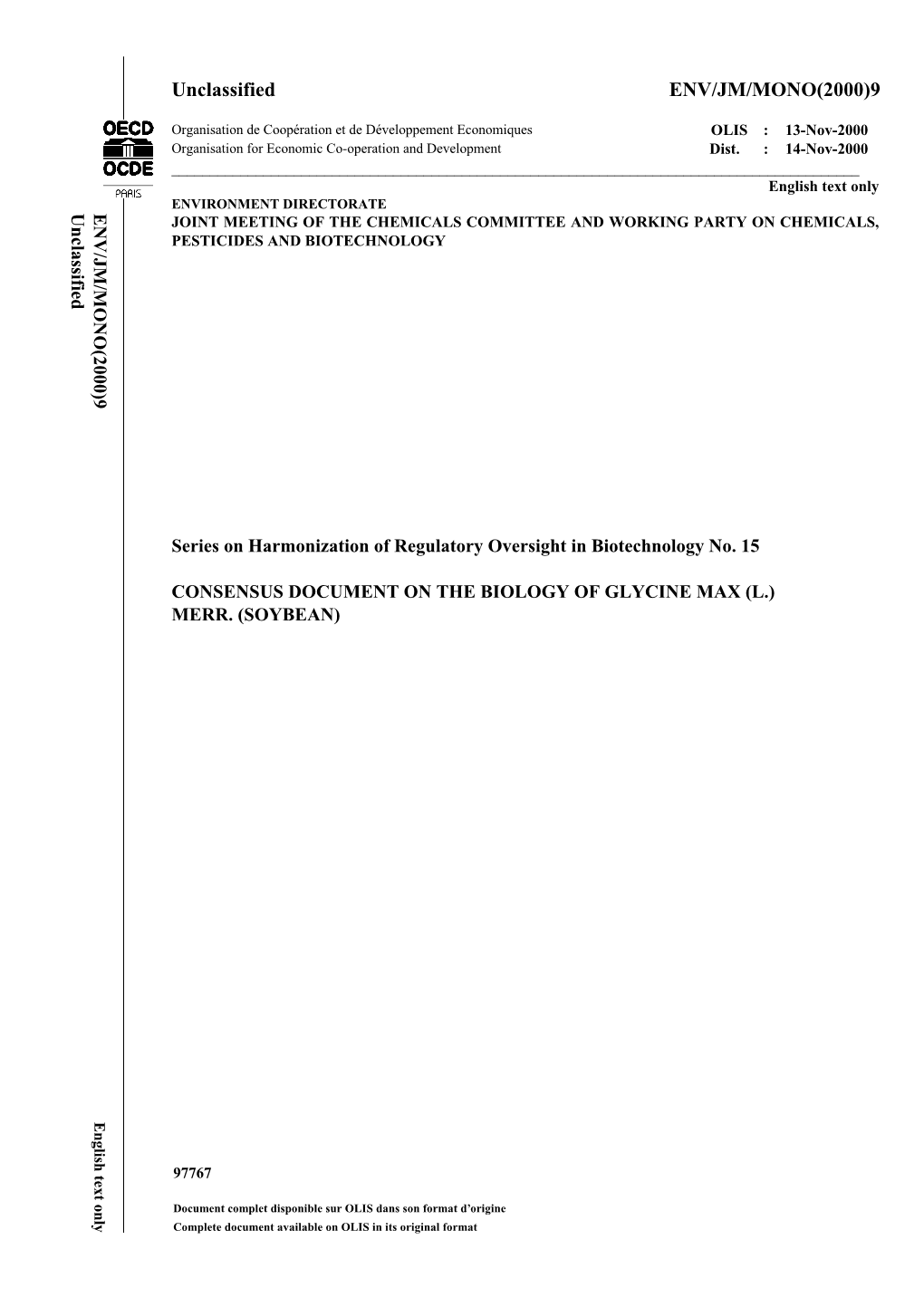 Consensus Document on the Biology of Glycine Max (L.) Merr