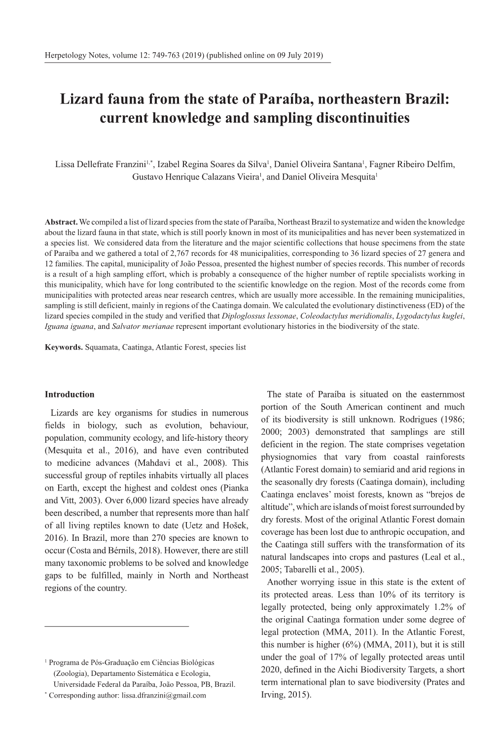 Lizard Fauna from the State of Paraíba, Northeastern Brazil: Current Knowledge and Sampling Discontinuities