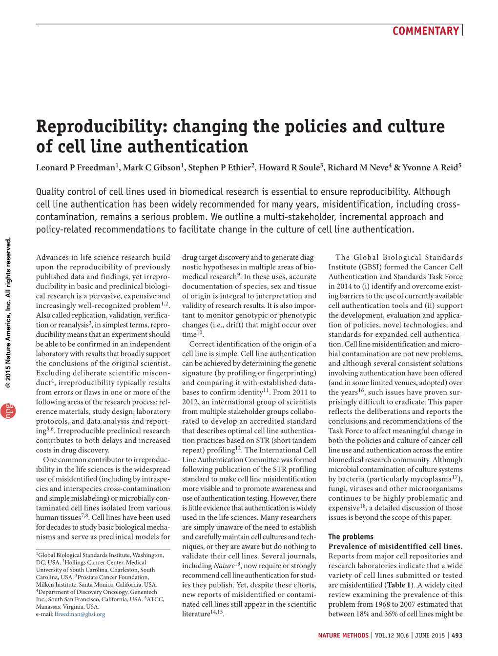 Reproducibility: Changing the Policies and Culture of Cell Line Authentication