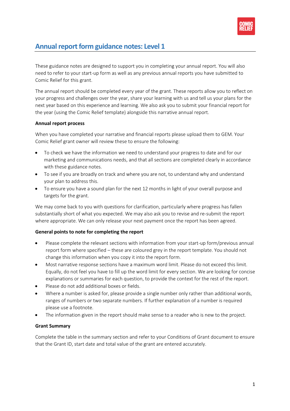 Annual Report Form Guidance Notes: Level 1