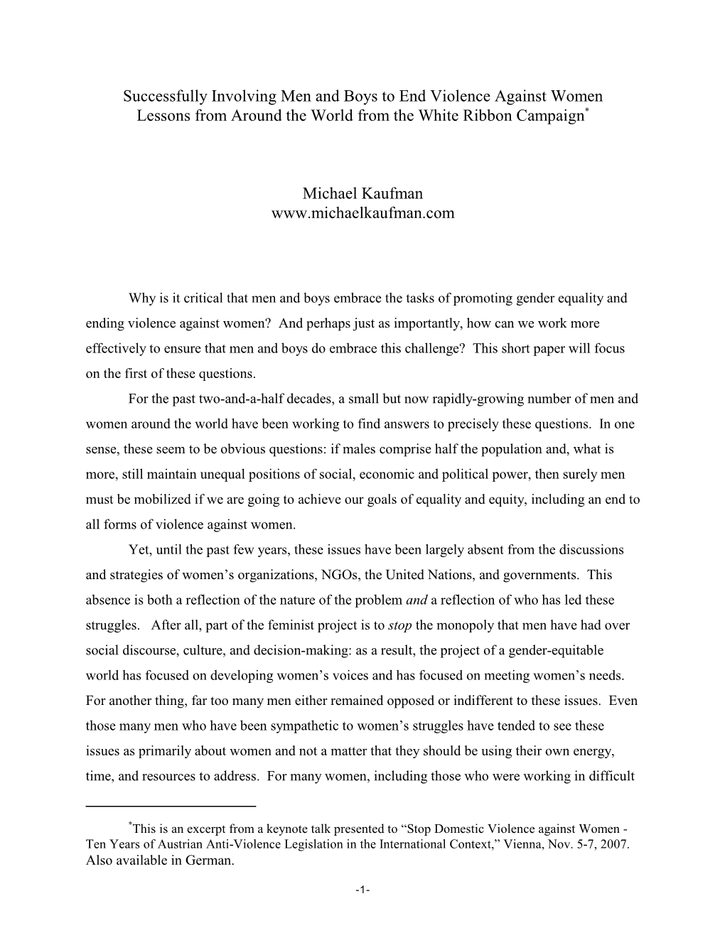 Successfully Involving Men and Boys to End Violence Against Women Lessons from Around the World from the White Ribbon Campaign*