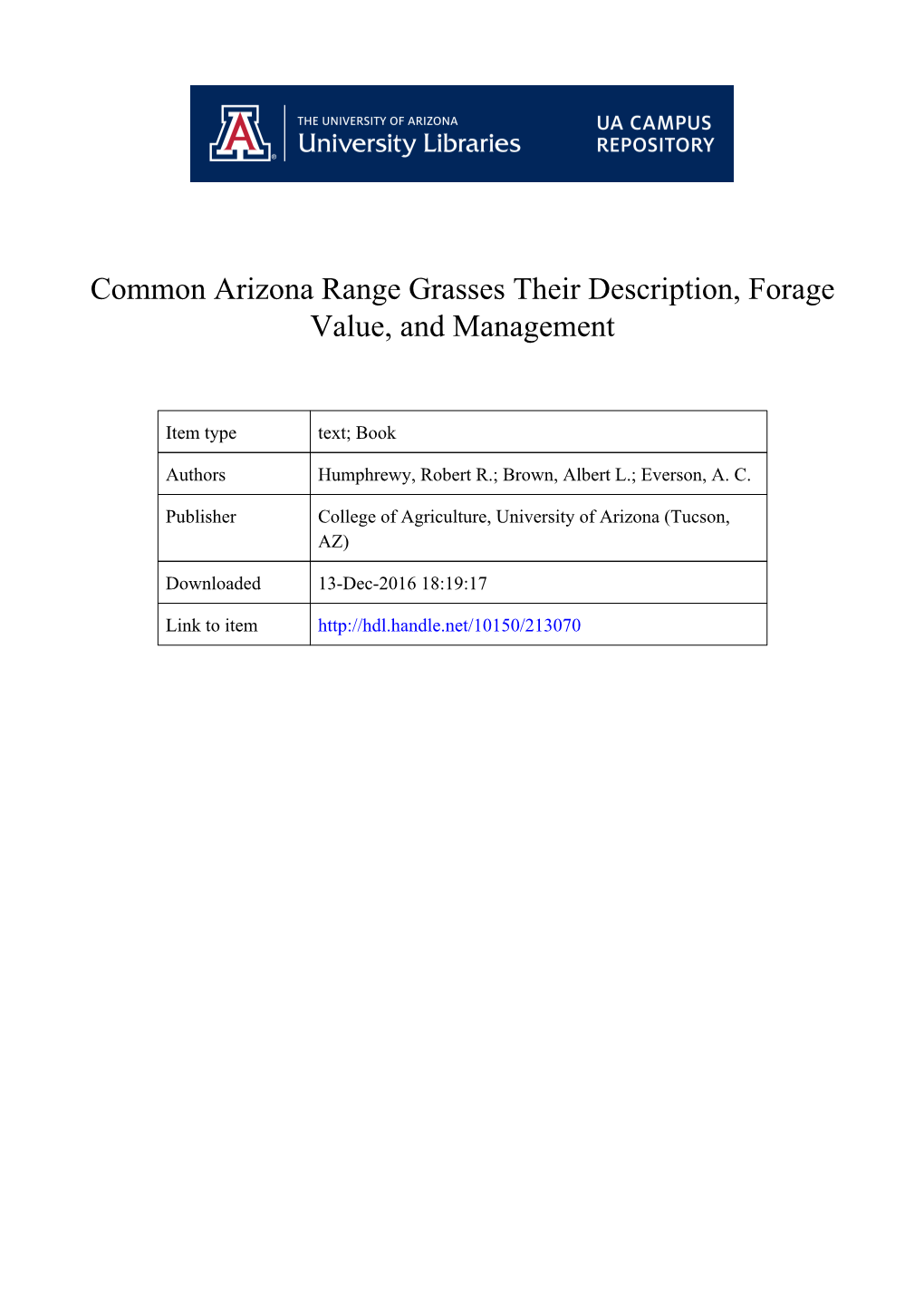 Common Arizona Range Grasses Their Description, Forage Value, and Management