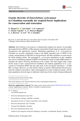 Genetic Diversity of Enterolobium Cyclocarpum in Colombian Seasonally Dry Tropical Forest: Implications for Conservation and Restoration