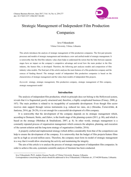 Strategic Management of Independent Film Production Companies
