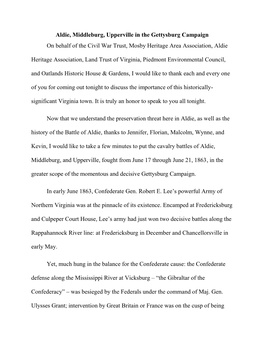 Aldie, Middleburg, Upperville in the Gettysburg Campaign on Behalf of the Civil War Trust, Mosby Heritage Area Association, Aldie