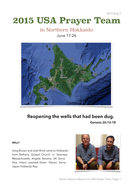 2015 USA Prayer Team in Northern Hokkaido June 17-26
