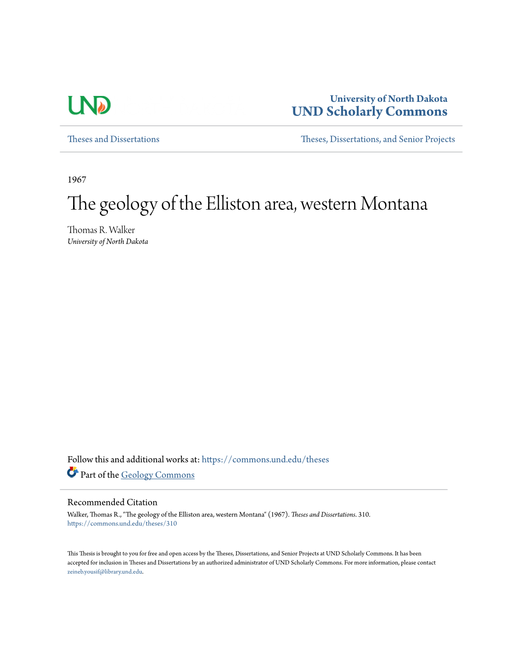 The Geology of the Elliston Area, Western Montana Thomas R
