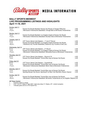 BALLY SPORTS MIDWEST LIVE PROGRAMMING LISTINGS and HIGHLIGHTS April 11-18, 2021