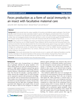 Feces Production As a Form of Social Immunity in an Insect with Facultative Maternal Care Janina MC Diehl1, Maximilian Körner1, Michael Pietsch2 and Joël Meunier1*