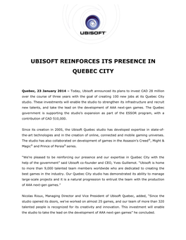 Ubisoft Reinforces Its Presence in Quebec City