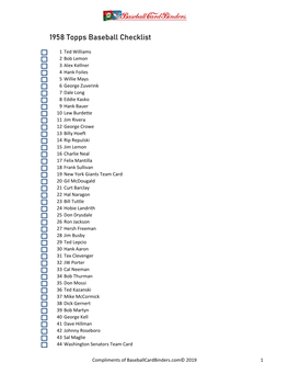 1958 Topps Baseball Checklist