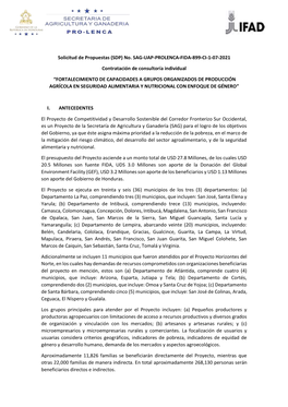 Solicitud De Propuestas (SDP) No. SAG-UAP-PROLENCA-FIDA-899-CI-1-07-2021 Contratación De Consultoría Individual “FORTALECIMI
