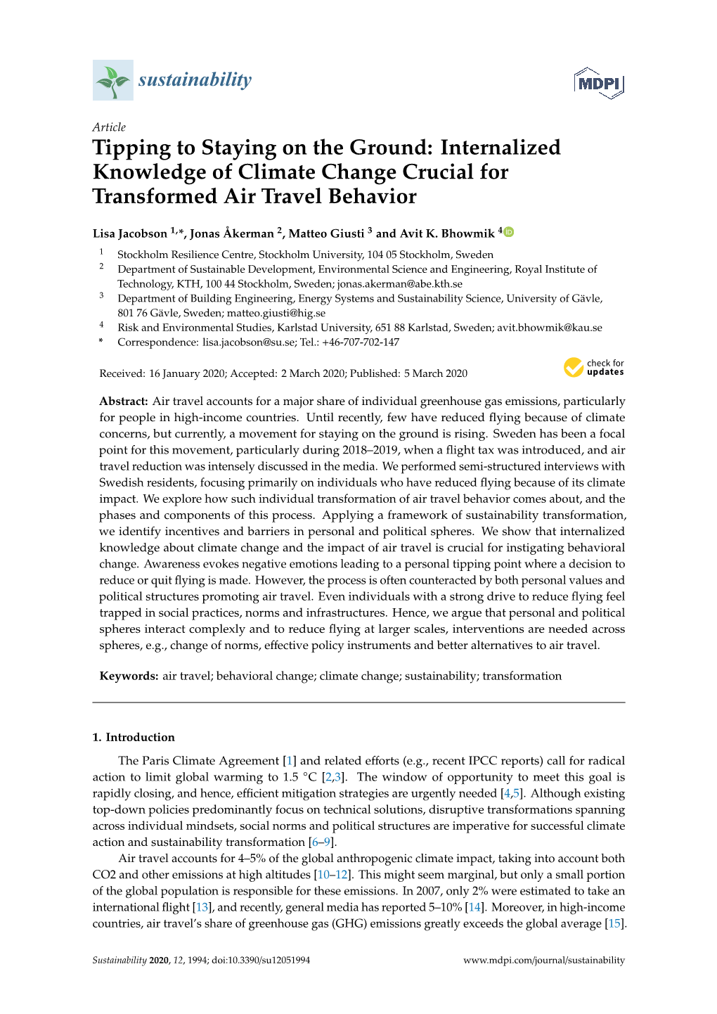 Tipping to Staying on the Ground: Internalized Knowledge of Climate Change Crucial for Transformed Air Travel Behavior