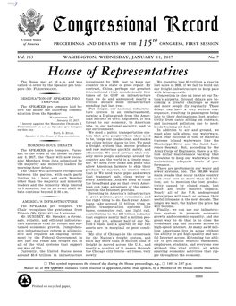 Congressional Record United States Th of America PROCEEDINGS and DEBATES of the 115 CONGRESS, FIRST SESSION