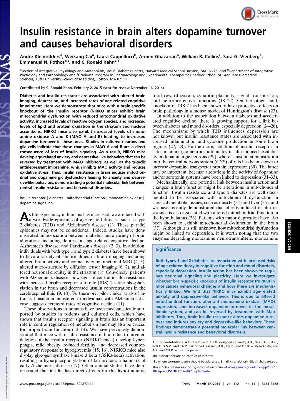 Insulin Resistance in Brain Alters Dopamine Turnover and Causes Behavioral Disorders