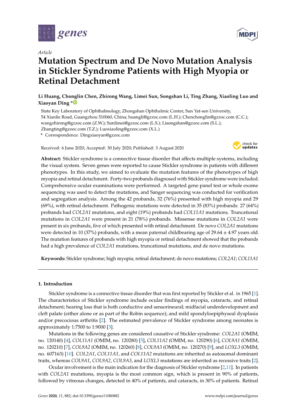 Mutation Spectrum and De Novo Mutation Analysis in Stickler Syndrome Patients with High Myopia Or Retinal Detachment