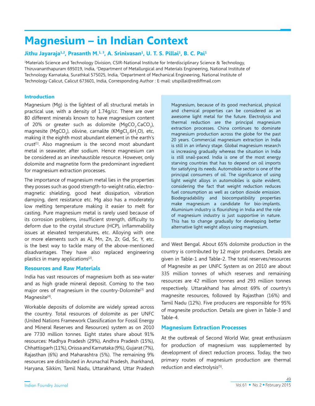 Magnesium – in Indian Context Jithu Jayaraja1,2, Prasanth M.1, 3, A