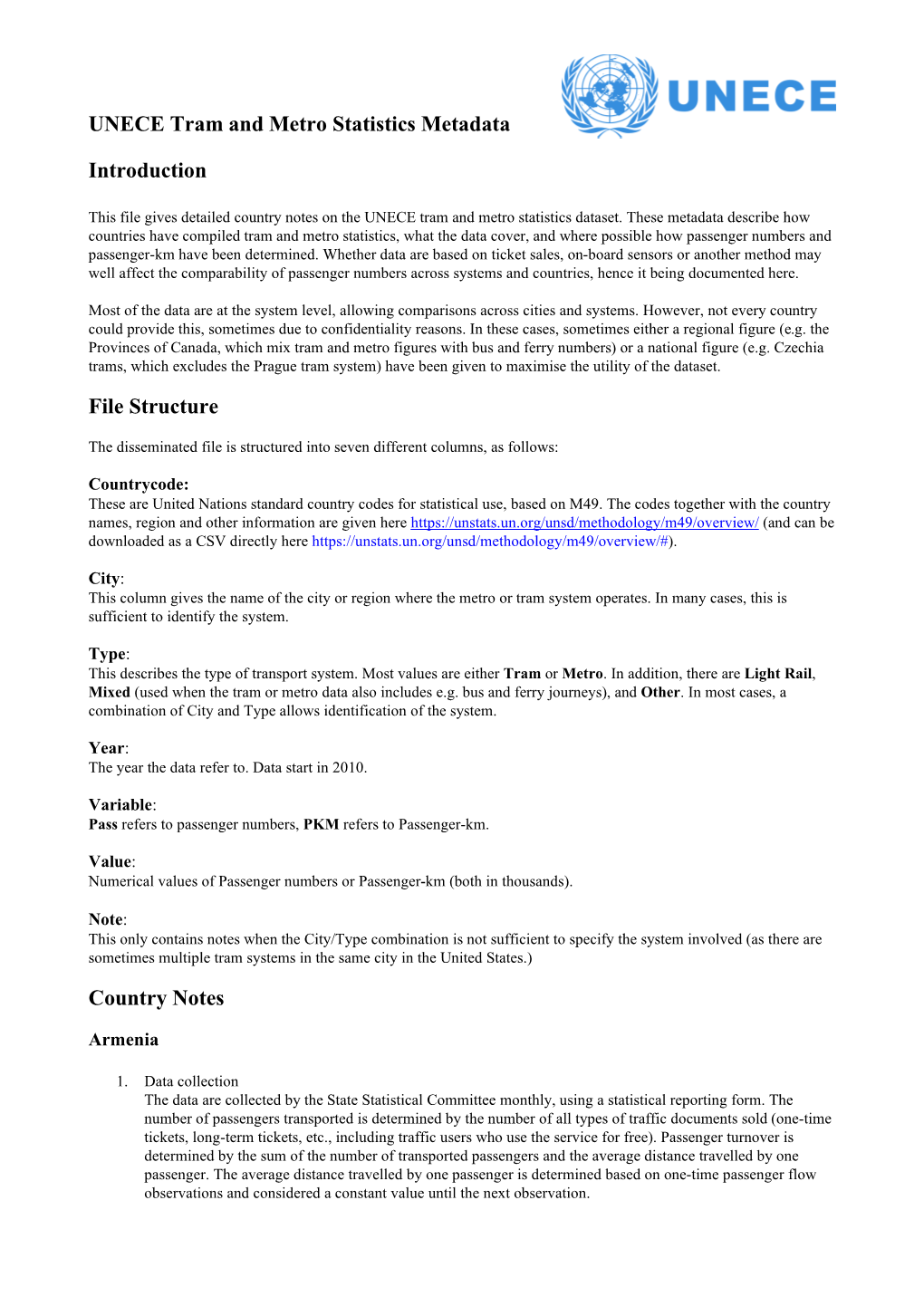 UNECE Tram and Metro Statistics Metadata Introduction File Structure Country Notes