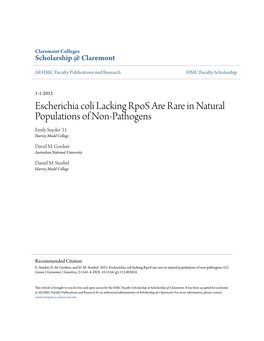 Escherichia Coli Lacking Rpos Are Rare in Natural Populations of Non-Pathogens Emily Snyder '11 Harvey Mudd College