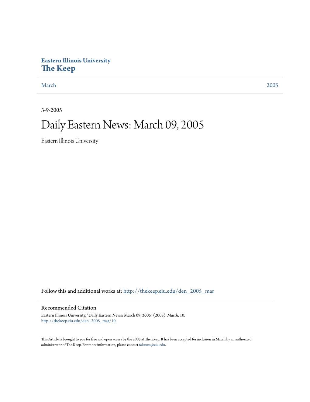 Daily Eastern News: March 09, 2005 Eastern Illinois University