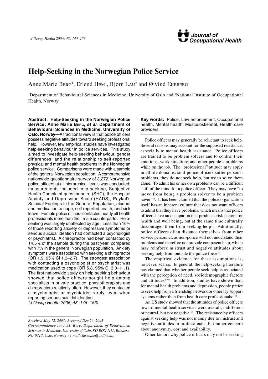 Help-Seeking in the Norwegian Police Service