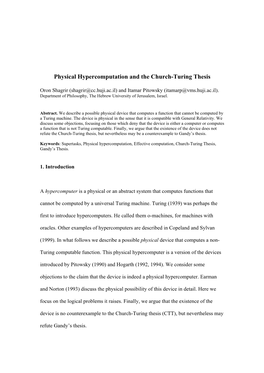 Physical Hypercomputation and the Church-Turing Thesis