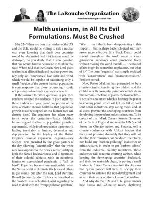 Malthusianism, in All Its Evil Formulations, Must Be Crushed May 22- When You Hear That Leaders of the U.S