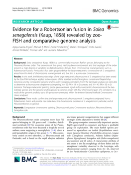 Evidence for a Robertsonian Fusion in Solea Senegalensis (Kaup, 1858) Revealed by Zoo- FISH and Comparative Genome Analysis Aglaya García-Angulo1, Manuel A