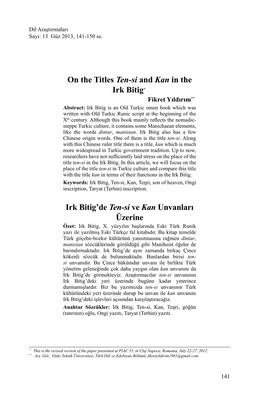 On the Titles Ten-Si and Kan in the Irk Bitig*1 Irk Bitig'de Ten-Si Ve Kan