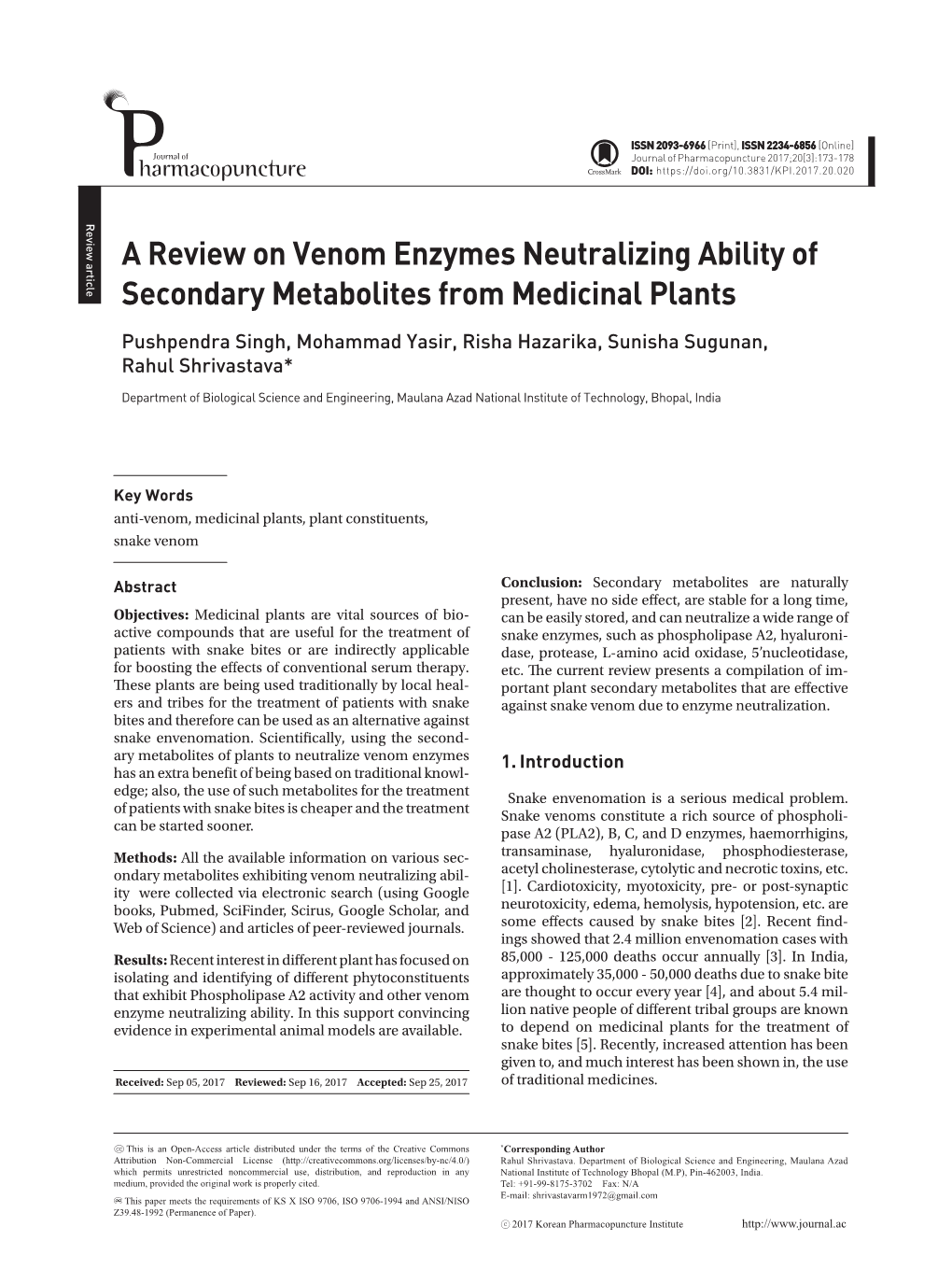 A Review on Venom Enzymes Neutralizing Ability of Secondary Metabolites from Medicinal Plants
