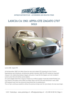Lancia Ca 1961 Appia Gte Zagato 2707 Sold
