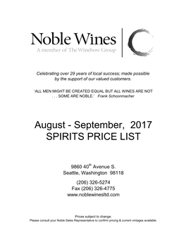 August - September, 2017 SPIRITS PRICE LIST